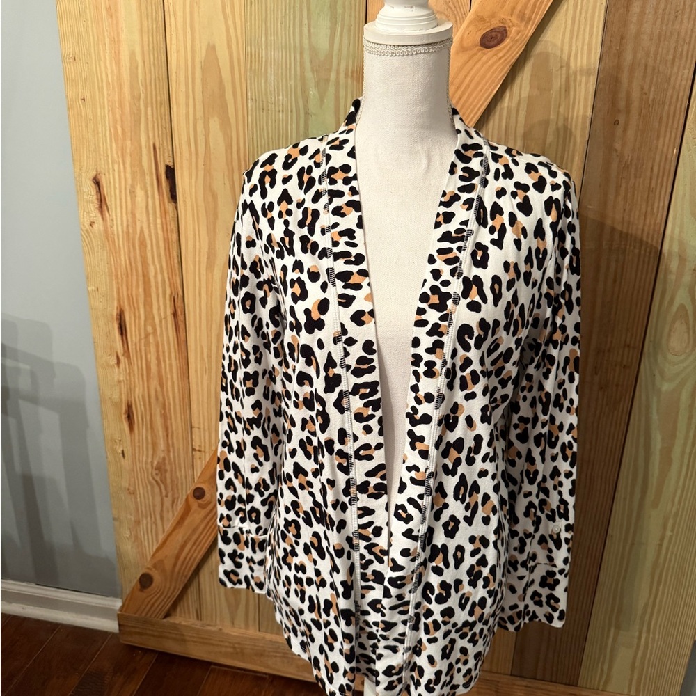 Kim Rogers Leopard Open-Front Cardigan in White, Black & Brown